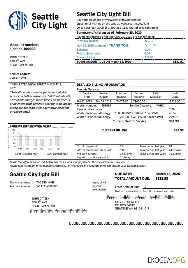USA Washington Seattle City Light utility bill template in Word and PDF format